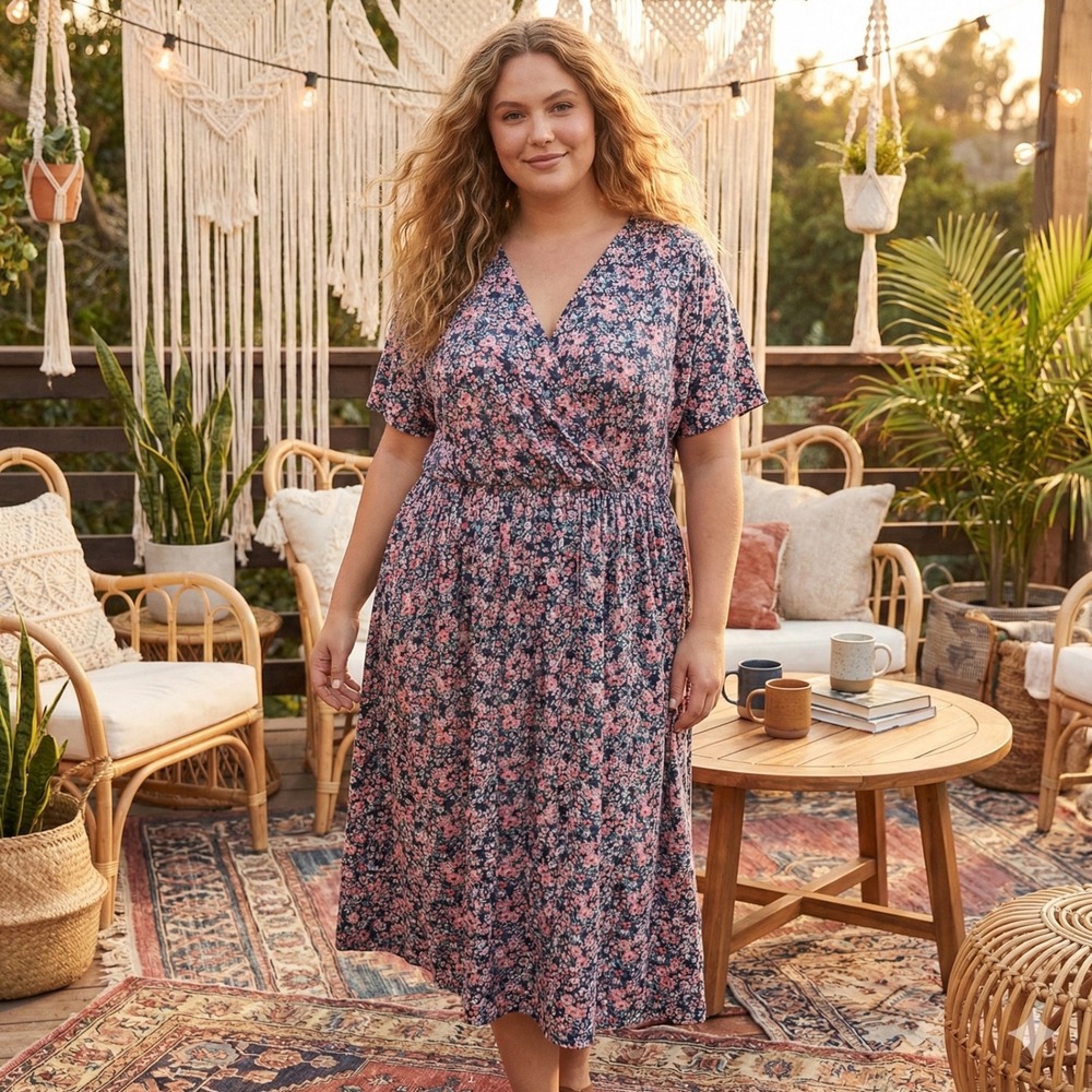 ModCloth Floral Faux Wrap Midi Dress Navy Pink Short Sleeve Plus 4X Jersey Knit